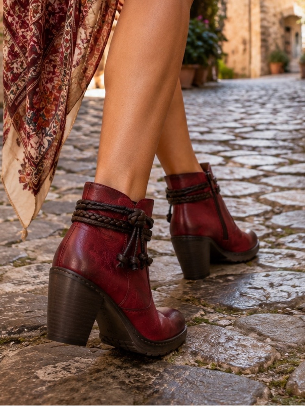 Rieker Burgundy Leather Ankle Boots with Braided Trim | 36